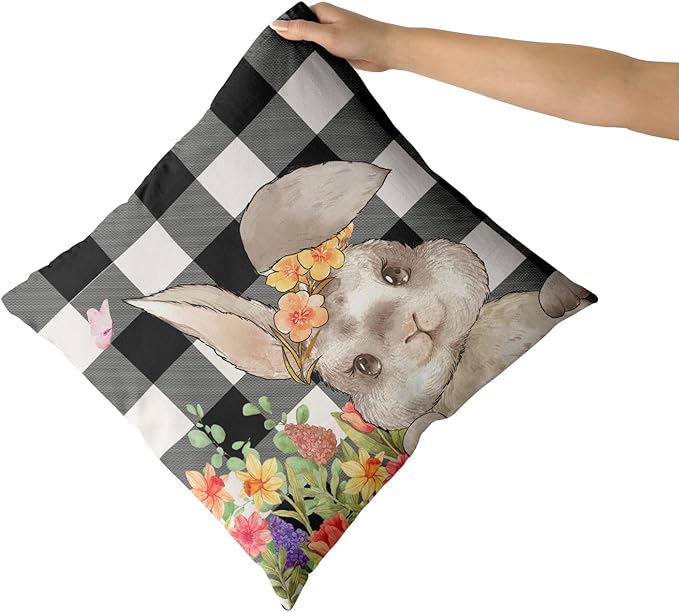 Giwawa Easter Pillow Covers 16x16 Inch, Easter Bunny Eggs Throw Pillowcases with Black White Buffalo Plaids, Cute Rabbit Spring Flower Cotton Cushion Cover for Sofa Couch Bedding Decor, Set of 2