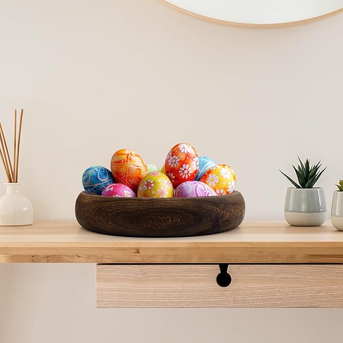 Wooden Decorative Bowls, 13 Inch Round Paulownia Wood Centerpiece Bowls for Home Decor, Blackened Fruit Bowl for Coffee Table, Key Tray for Entryway Moss Holder (Black)
