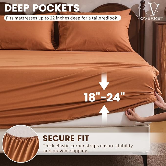 100% Linen Sheet Set King Size Extra Deep Pocket Fits 18-24 Inch Mattress, Breathable & Soft, Smooth 4-Piece Set for Thick Mattresses Hotel Luxury Bedding（King, Brown）