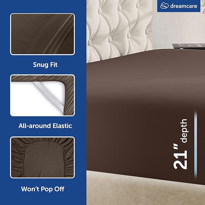 DREAMCARE Queen Sheet Set – 6 pcs Cooling Bed Sheets – up to 21” Deep Pocket Queen Sheets Set – 2500 Supreme Collection – Extra Soft 100% Brushed Microfiber Hotel Luxury with Side Pocket – Mocha Brown