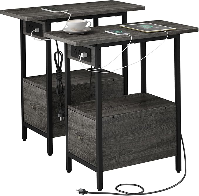 LIDYUK End Table with Charging Station, Narrow Side Table with Drawer and USB Ports & Power Outlets, Nightstand Bedside Tables for Small Spaces, Bedroom, Living Room, Dark Grey, Set of 2