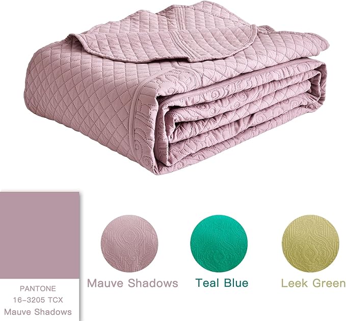 HZ & HY Oversized King Bedspread 128x120 Extra Wide, Ultrasonic Coverlet Bedding Set, Lightweight Thin Comforter, Reversible, 5 Piece, 100% Microfiber, Mauve Shadows
