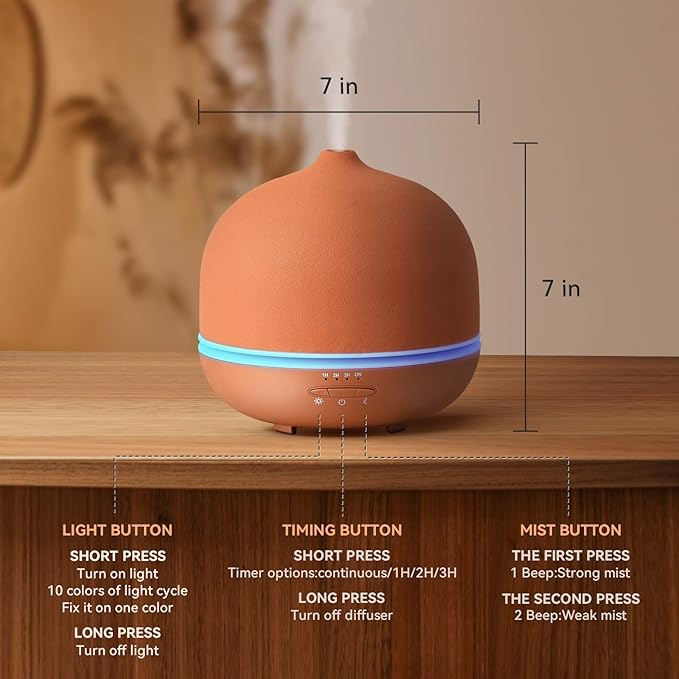 Wanlola Stone Diffusers for Essential Oils Large Room,500ml Handmade Ceramic Diffuser with 4 Timer & 10 Ambient Light Settings for Home Office (Terracotta)