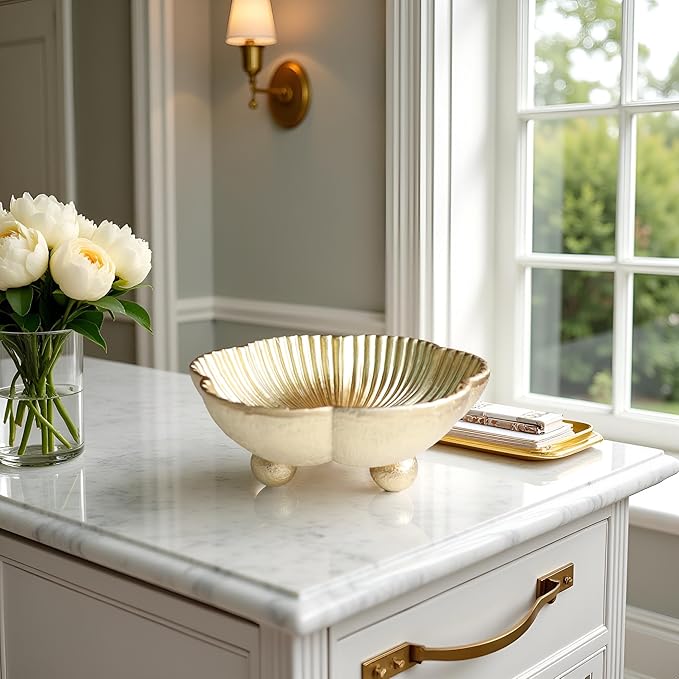 Large Decorative Bowl decor, Scalloped Pedestal Bowls for Modern Home Decor,Ruffle Decor,Stylish Key Bowl for Entry Table,Decorative Fruit Bowl for Kitchen Counter, Golden