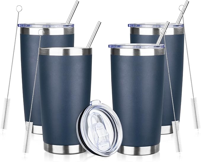 20oz Tumbler with Straw and Brush, Stainless Steel Vacuum Insulated tumbler, Double Wall Insulated Coffee Tumbler for Outdoor, Home, Travel,Office (Navy Blue,4pcs)