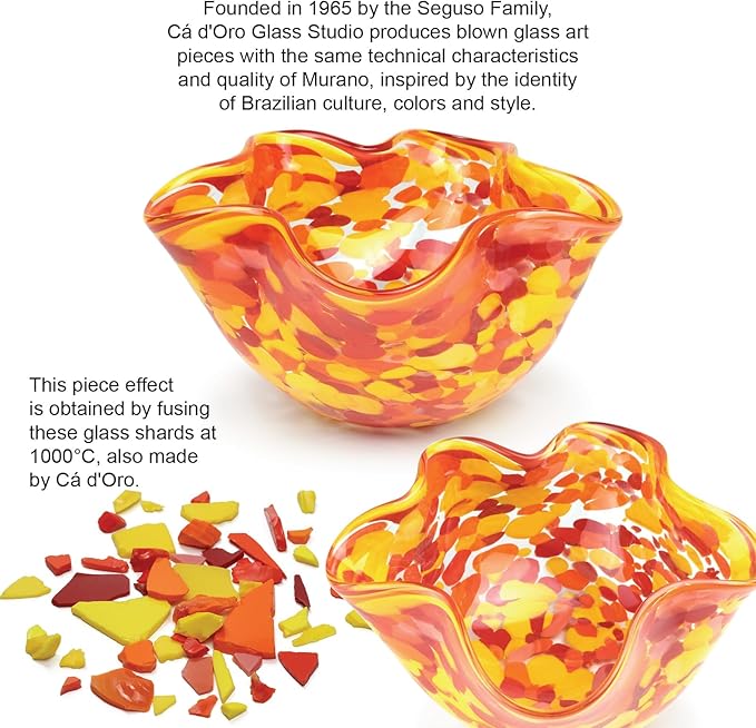 Ca D Oro Murano Style Decorative Orange Glass Bowl Confetti Effect Hand Blown Art Glass Crystal for Home, Room Decoration and Centerpiece - Waved