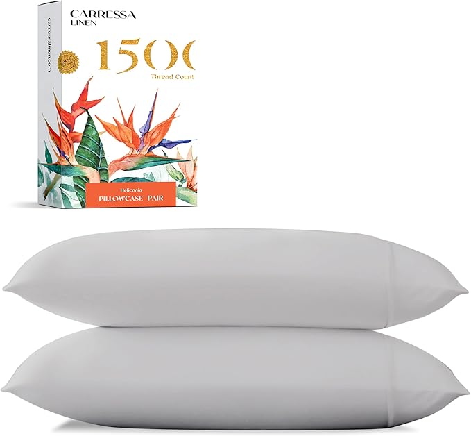 Carressa Linen 100% Egyptian Cotton Pillow Cases Standard/Queen Size Set of 2 - Luxury 1500 Thread Count Sateen Light Grey Pillow Cases, Silky Soft Cotton Pillowcases Fits Standard & Queen Pillows
