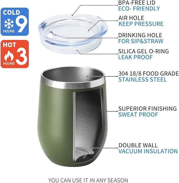 HASLE OUTFITTERS 12oz Wine Tumbler with Lid Stemless Wine Glasses Double Wall Vacuum Travel Mugs stainless steel Coffee Cup for Cold & Hot Drinks Wine Coffee Cocktails Beer 12 Pack Army Green