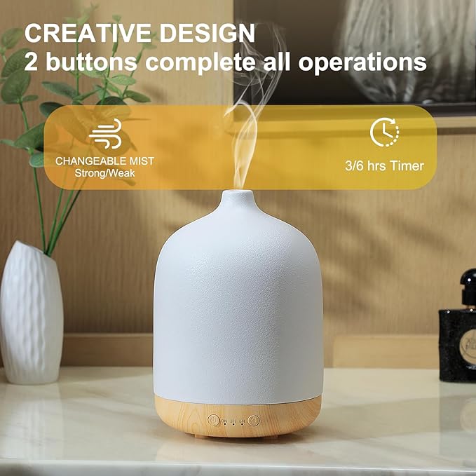 Ceramic Essential Oil Diffusers for Home, Decorative Bedroom Aromatherapy Scent Air Diffuser Ultrasonic Aroma Defusers 250ml with Timed-Wood Grain+White