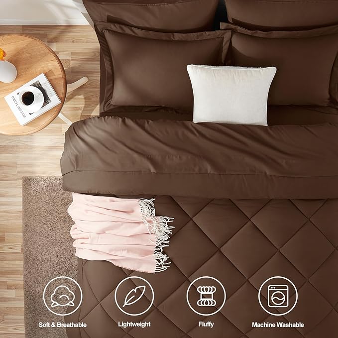 CozyLux Full Size Comforter Sets Brown - 7 Pieces Bed in a Bag Full, Luxury Soft Bed Set for All Seasons, Bedding Set with Down Alternative Comforter, Sheets, Pillowcases & Shams