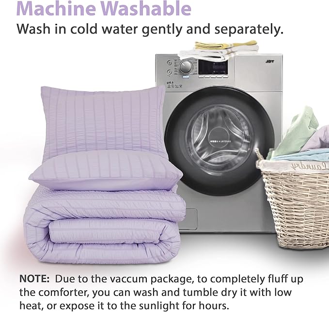 AveLom Lavender Purple Seersucker Full Comforter Set(80x90 inches), 3 Pieces-100% Soft Washed Microfiber Lightweight Comforter with 2 Pillowcases, All Season Down Alternative Comforter Set for Bedding