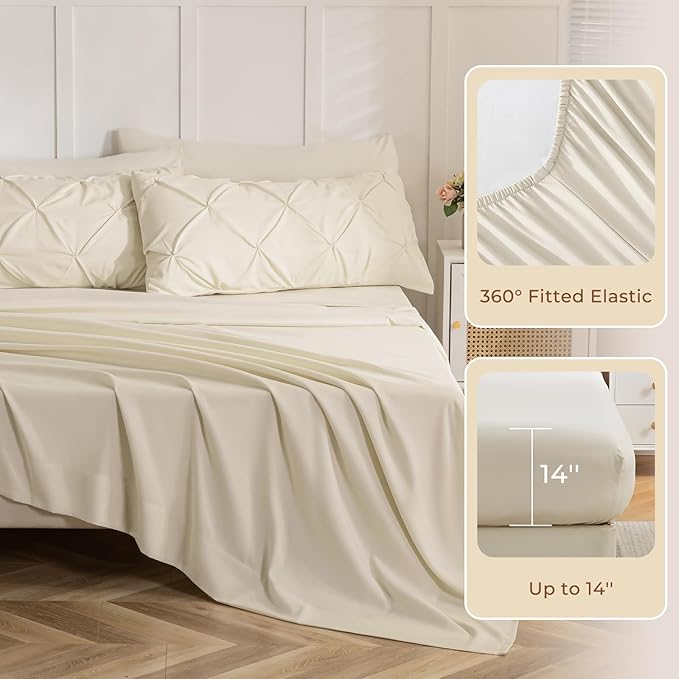Sasttie California King Comforter Set, 7-Piece Bed in a Bag Cal King, Pintuck Bedding Set for All Season, Includes Comforter, Flat Sheet, Fitted Sheet, Pillowcases and Pillowshams, Beige
