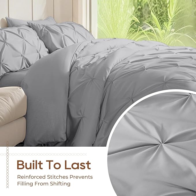 Sasttie Twin Comforter Set, 5-Piece Bed in a Bag, Pintuck Bedding Sets for All Season, Includes Comforter, Flat Sheet, Fitted Sheet, Pillowcase and Pillowsham, Light Grey