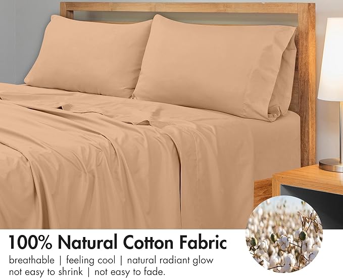 Royale Linens 300 Thread Count 100% Long Staple Combed Cotton Flat Sheet - Super Soft - Top Sheets - Queen Flat Sheet Sold Separately - Breathable, Cool & Crisp Percale Sheets Only (Queen, Sand)