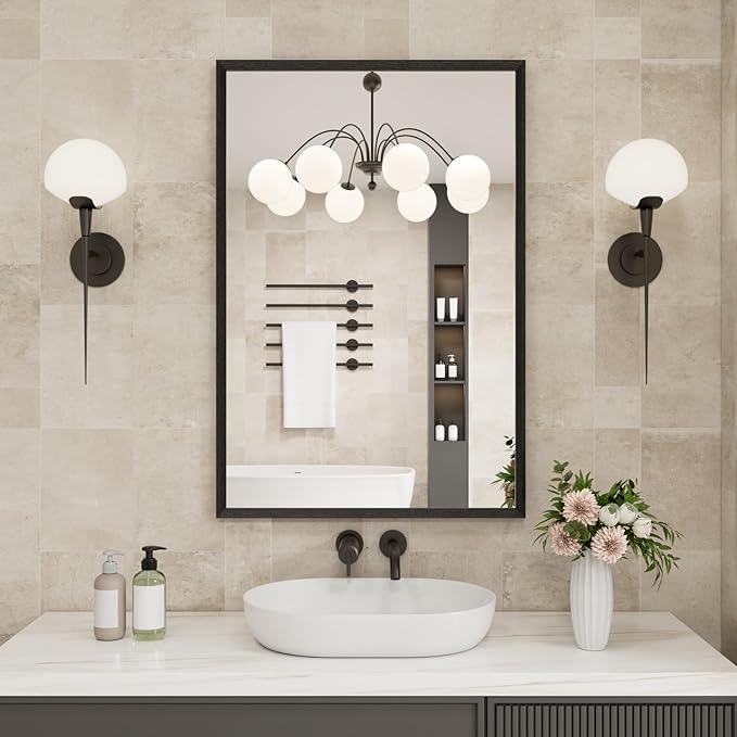 Bathroom Vanity Mirror 24x32 Inch, Matte Black Rectangle Bathroom Mirror, Anti-Rust, 4MM Tempered Glass, Wall-Mounted Mirror, Hangs Horizontally or Vertically for Bathroom & Bedroom