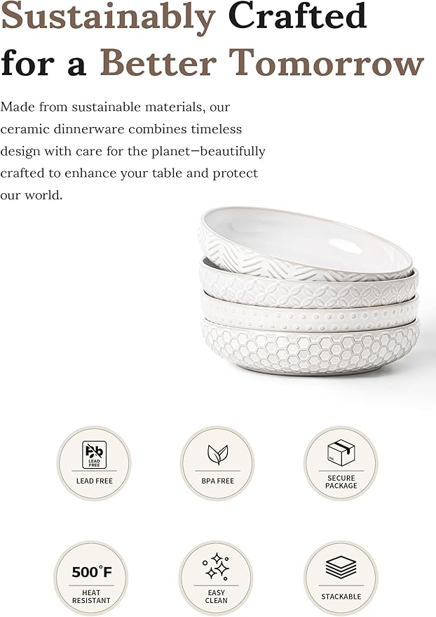 Embossed Ceramic Pasta Bowls, 42 oz Bowl Plates Set,9-Inch Large Serving Bowls Set of 4, Perfect for Pasta, Salad, Fruit, Sturdy&Stackable, Microwave & Dishwasher Safe