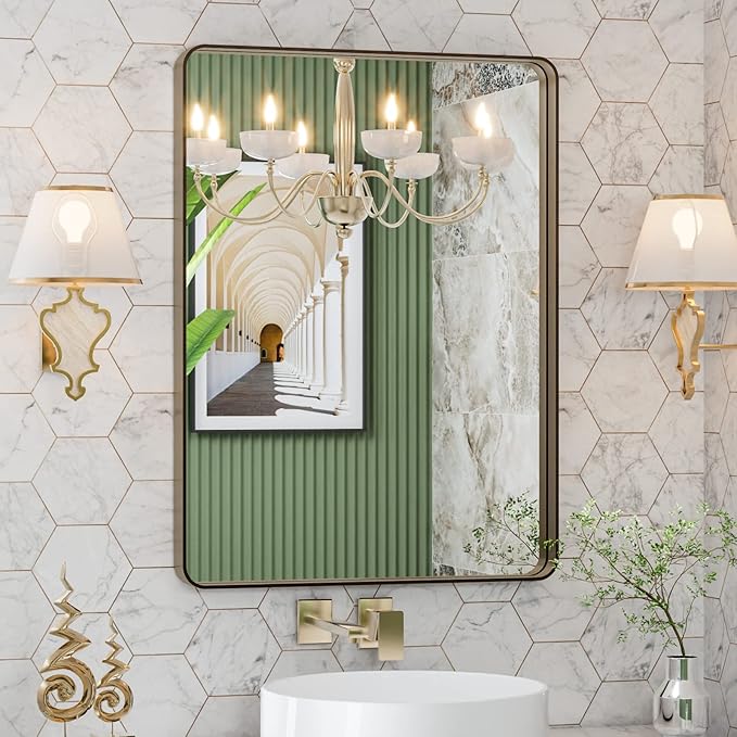 LOAAO 22”X30” Bronze Bathroom Mirrors for Vanity, Rounded Rectangle Brushed Bronze Metal Frame Mirror, Anti-Rust, Hangs Horizontally or Vertically