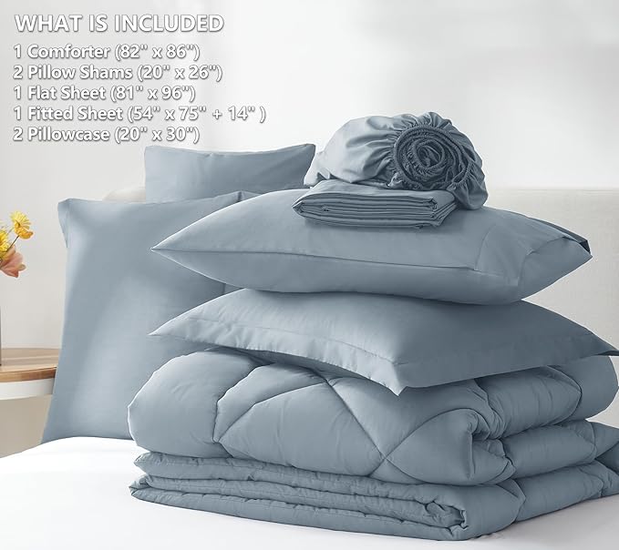 CozyLux Full Size Comforter Sets Dusty Blue - 7 Pieces Bed in a Bag Full, Luxury Soft Bed Set for All Seasons, Bedding Set with Down Alternative Comforter, Sheets, Pillowcases & Shams, Grayish Blue