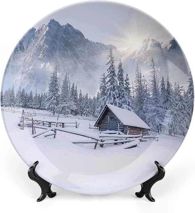 6 Inch Decorative Plate, Winter Porcelain Plate, Old Farm House by Mountain in Cold Times Rural Nature Print Ceramic Wall Hanging for Fine Dining For Upscale Events, Dinner Parties, Weddings, Catering
