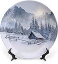 7 Inch Decorative Plate, Winter Ceramic Craft, Old Farm House by Mountain in Cold Times Rural Nature Print Ornament Display Plate for Dining Table Setting, Wedding Decorations, Christmas Tablescape