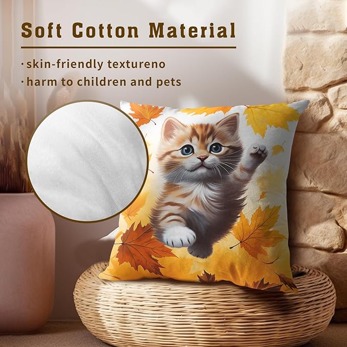 Fall Cat Throw Pillow Covers - Kitten Throw Pillow Covers Set of 2 Maple Leaf Pillows Case 22x22 Inch Autumn Pet Decorative Pillowcase for Bed Living Room Outdoor