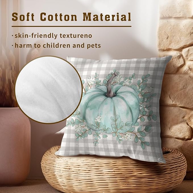 Fall Pumpkin Throw Pillow Covers - Autumn Harvest Pillow Covers 20x20 Teal Grey Pumpkins Pillow Cases Thanksgiving Cushion Case for Farmhouse Porch Patio Outdoor Indoor Home Decor