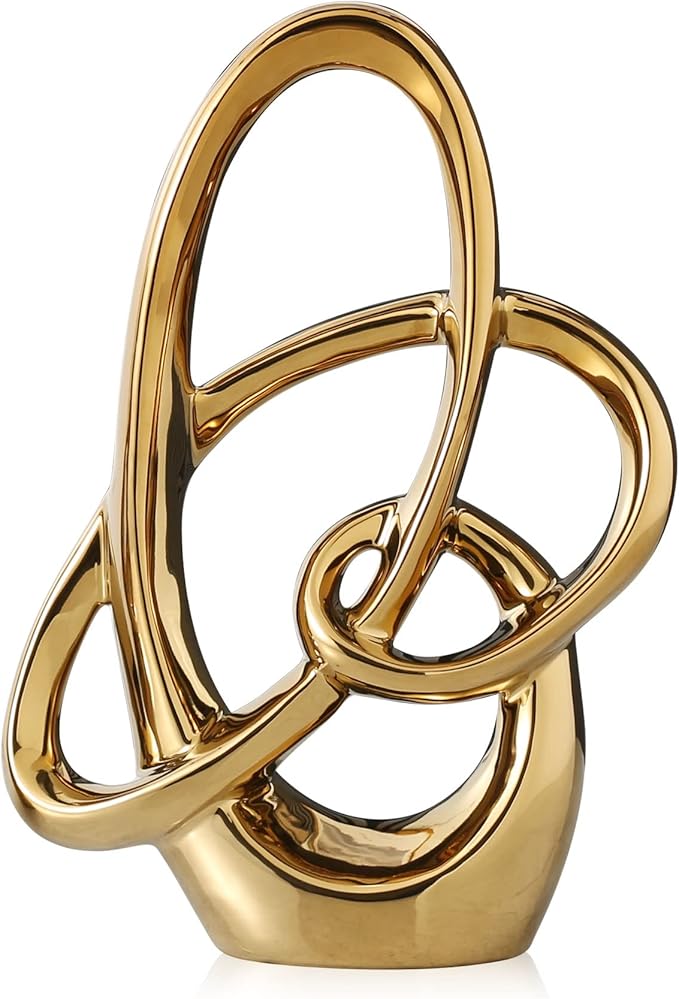 Modern Gold Knots Decor Ceramic Statue - Abstract Home Accent & Tabletop Figurine for Living Room, Bedroom, Bathroom, Office, Shelf, Mantel - Wedding, Coffee Table, Dining Room Centerpiece Decoration