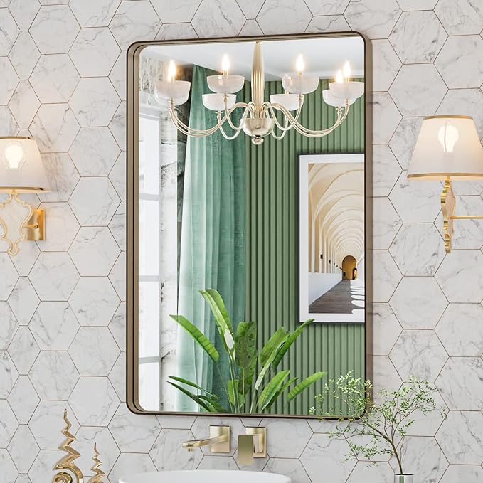 LOAAO 24”X36” Bronze Bathroom Mirrors for Vanity, Rounded Rectangle Brushed Bronze Metal Frame Mirror, Anti-Rust, Hangs Horizontally or Vertically