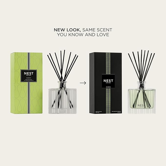 NEST New York Reed Diffuser, Bamboo - 5.9 fl oz - Fragrance for Up to 90 Days - Reusable, Refillable Glass Holder - Includes 8 All-Natural Reed Sticks - Flame Free