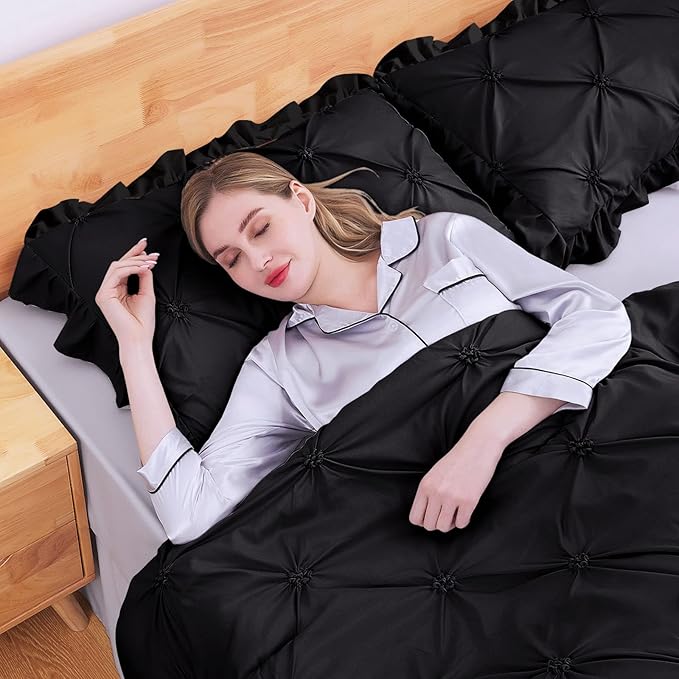 JOLLYVOGUE Black/Gray Bed in a Bag Comforter Set for Bedroom, Pintuck Full Size Comforter Sets 7 Pieces, Bedding Comforter Sets with Comforter, Sheets,Ruffled Shams & Pillowcases
