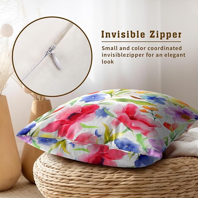 Spring Summer Throw Pillow Covers - Watercolor Flowers Pillow Covers 22x22 Inch Set of 2 Floral Pillowcase Botanical Blossom Cushion Cover for Couch Sofa Garden Patio
