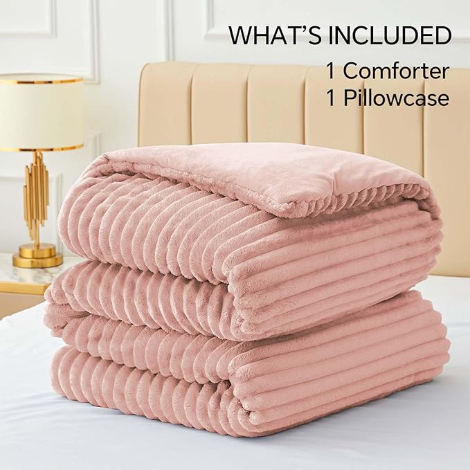 BEDELITE Fleece Twin Comforter Set -Super Soft & Warm Fluffy Dusty Pink Bedding, Luxury Fuzzy Heavy Bed Set for Winter with 1 Pillow case