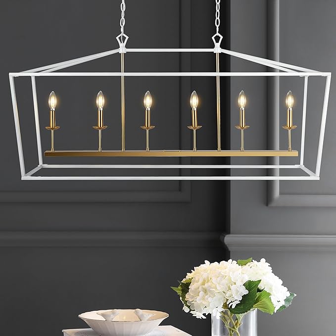 JONATHAN Y JYL7439E Pagoda 49" 6 Light Linear Classic Traditional Metal LED Pendant Farmhouse Dining Room Living Room Kitchen Foyer Bedroom Hallway, 49 in, White/Brass Gold