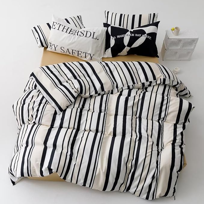 KAREVER Striped Comforter Set King Black and White Comforter Men Women Modern Chic Stripes Bed Comforters Beige Black Striped King Ticking Bedding Comforter Set All Season Hotel Quality Bed Set