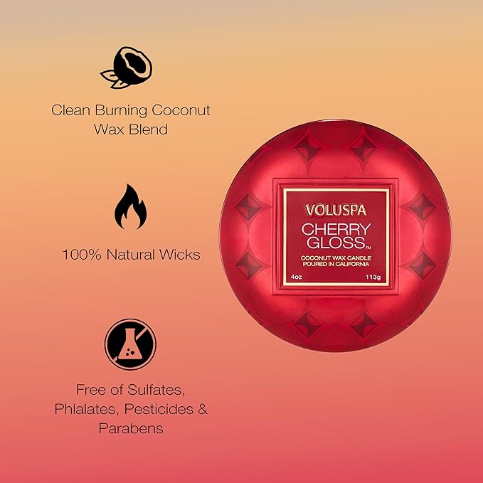 Voluspa Cherry Gloss Mini Tin Candle, 4 oz, Coconut Wax Blend, Scented Candles for Home, 25 Hour Burn Time, Fruity Candle, Handcrafted in The USA