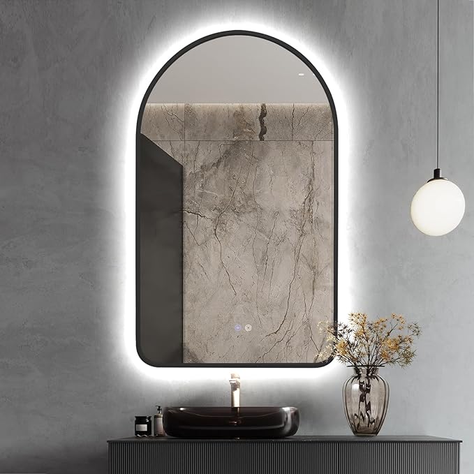 40"x24" Arched LED Bathroom Mirror, Wall Mounted Backlit Mirror with Lights Fog Free Lighted Framed Mirror Smart Anti-Fog 3 Color Temperatures Adjustable Brightness Black