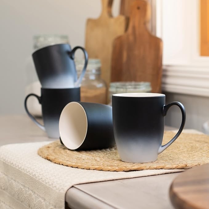 Elanze Designs Black White Two Toned Ombre Matte 12 ounce Ceramic Stoneware Coffee Cup Mugs Set of 4