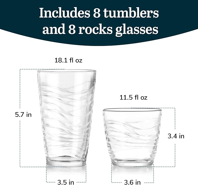 Libbey Orbita Tumbler and Rock Glass Set, Durable, Chip-Resistant Glass Cups Set with Wave Pattern, Glasses Drinking Set of 16 for Any Occasion