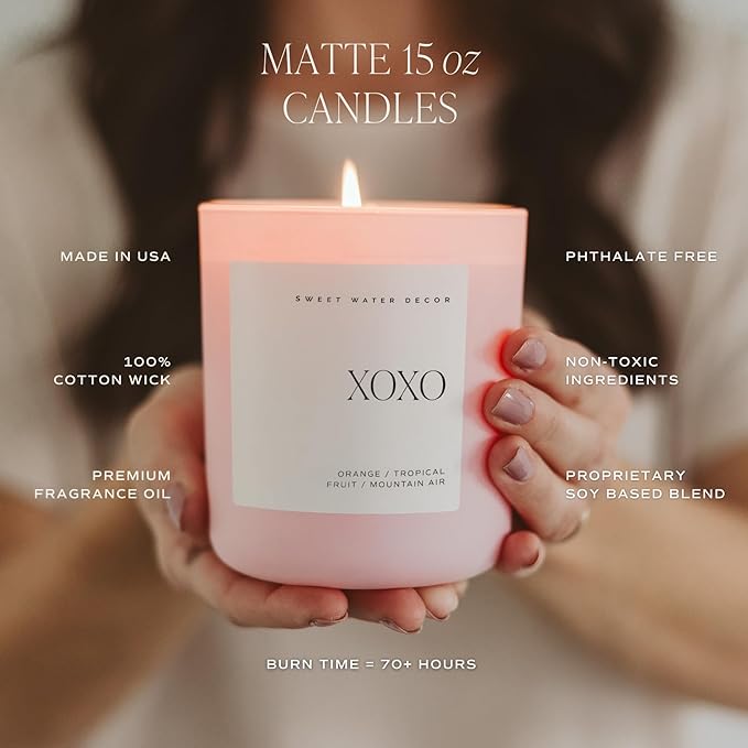 Sweet Water Decor XOXO Scented Candles - Soy Candles with Tropical Fruits, Lemons & Redolent with Lightly Exotic Mountains Greens - Candle Wax with 70 Hours Burn Time - 15Oz Pink Matte Jar Candles
