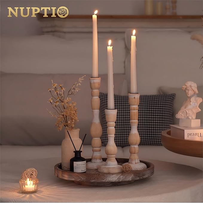 NUPTIO Taper Candle Holders Boho: Set of 6 Tall Wooden Candlestick Holder for Thanksgiving Table Centerpieces Decoration