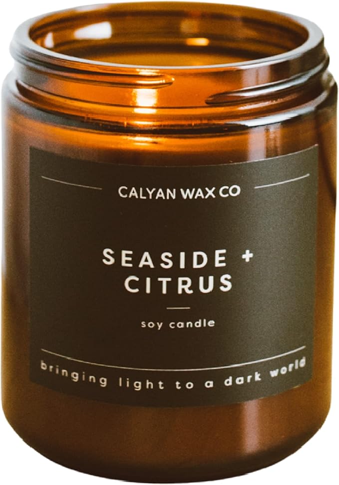 Calyan Wax Co. Soy Wax Candle, Seaside + Citrus Scented Candle, 57 Hour Burn Time, Aromatherapy Soy Candles, Non Toxic & Vegan Soy Wax, Amber Glass Jar Scented Candles, 7.2oz
