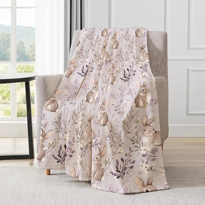 Cute Bunny Blanket - Adorable Rabbit Pastel Lavender Floral Fleece Throw,Gifts for Kids Girls, Soft & Warm,Lightweight, for Modern Rustic Decor, Animal Lovers, and Room Home Accents 60x80in