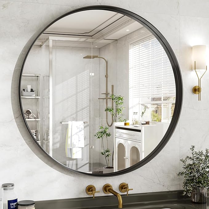 36 Inch Round Bathroom Mirror - Wall Mounted Circle Mirror with Metal Frame, Modern Mirror Suitable for Bathroom, Vanity, Entryway, Living Room, Wall Decor,Black
