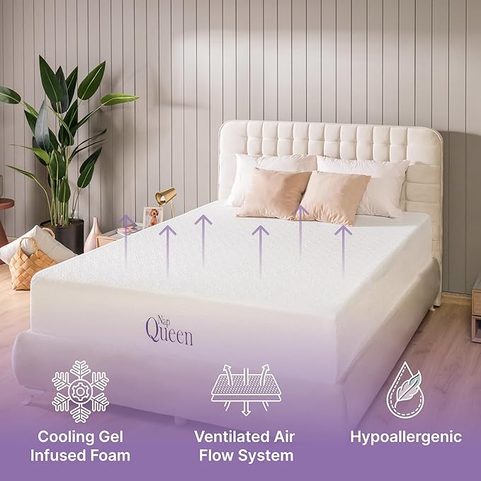 NapQueen 8 Inch Twin-XL Size Mattress, Cooling Gel Memory Foam Mattress, Bed in a Box, White