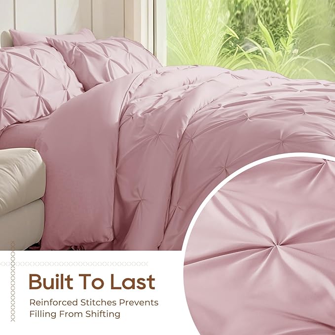 Sasttie Full Size Comforter Set, 7-Piece Bed in a Bag, Pintuck Bedding Set for All Season, Includes Comforter, Flat Sheet, Fitted Sheet, Pillowcases and Pillowshams, Baby Pink