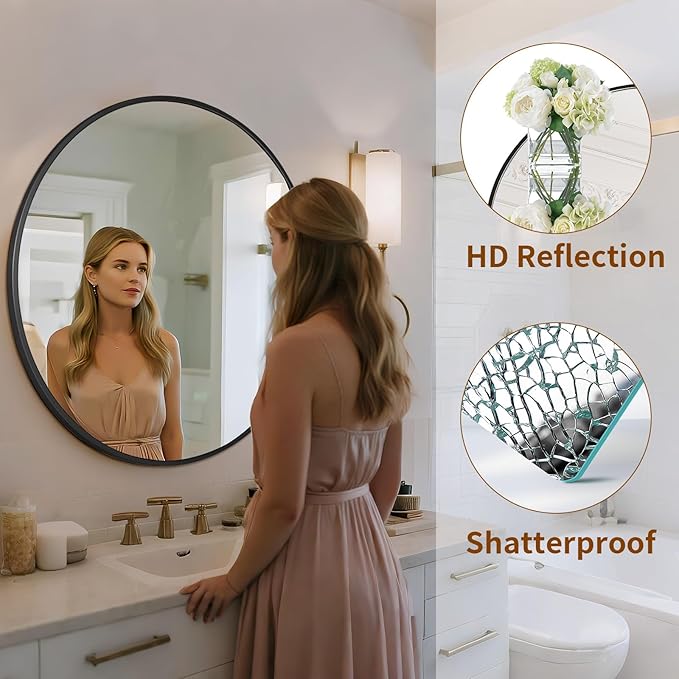 Round Mirror Wall Mounted Mirror- 32" Circle Mirror Bathroom Vanity Mirror with Aluminum Frame for Bedroom Living Room, Entryway Decor Black Mirror