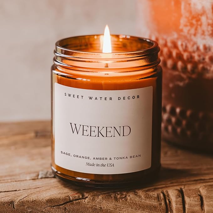 Sweet Water Decor Weekend Soy Candle - Citrus, Grapefruit, Sage, Amber, and Oakmoss Scented Spring Candles for Home - 9oz Amber Jar + Black Lid, 40+ Hour Burn Time, Made in The USA