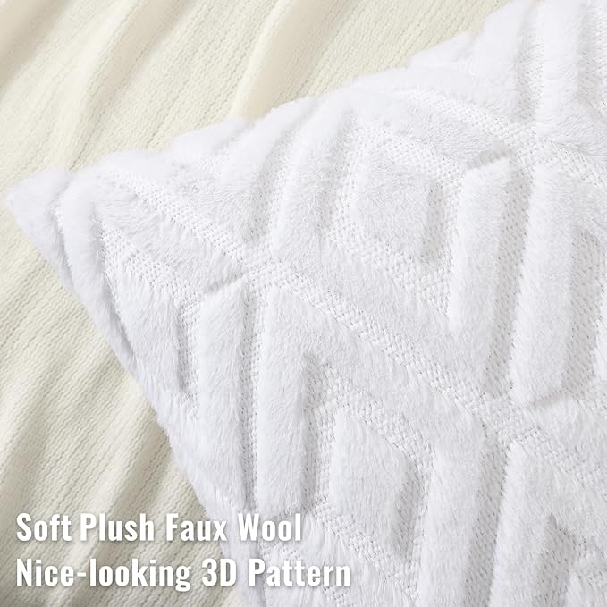 decorUhome Couch Throw Pillow Covers 16x16 Set of 2, Decorative Soft Plush Faux Wool Neutral Accent Pillow Covers for Bed Sofa Living Room, Pure White