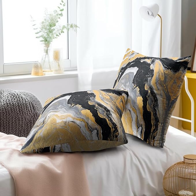 Black Yellow Marble Pillow Covers - Grey Silver Marbles Throw Pillow Covers Abstract Fluid Art Ink Pillowcases 18x18 Set of 2 Decorative for Couch Sofa Car Bedroom
