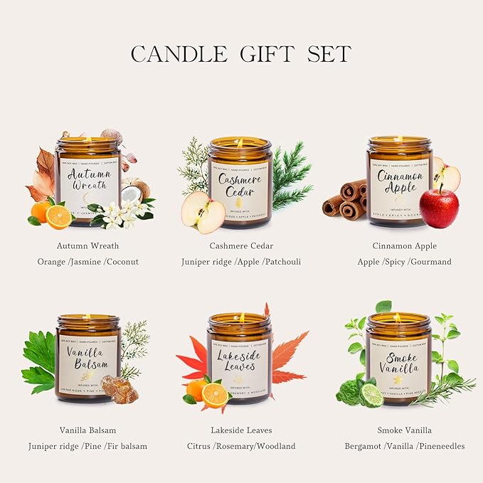 Fall Candles Set - 6 Pack Candles for Home Scented, Fall Scented Candles for Autumn Gift Home Decoration, Natural Non Toxic Soy Candle Gifts for Women, Cinnamon Apple/Autumn Wreath